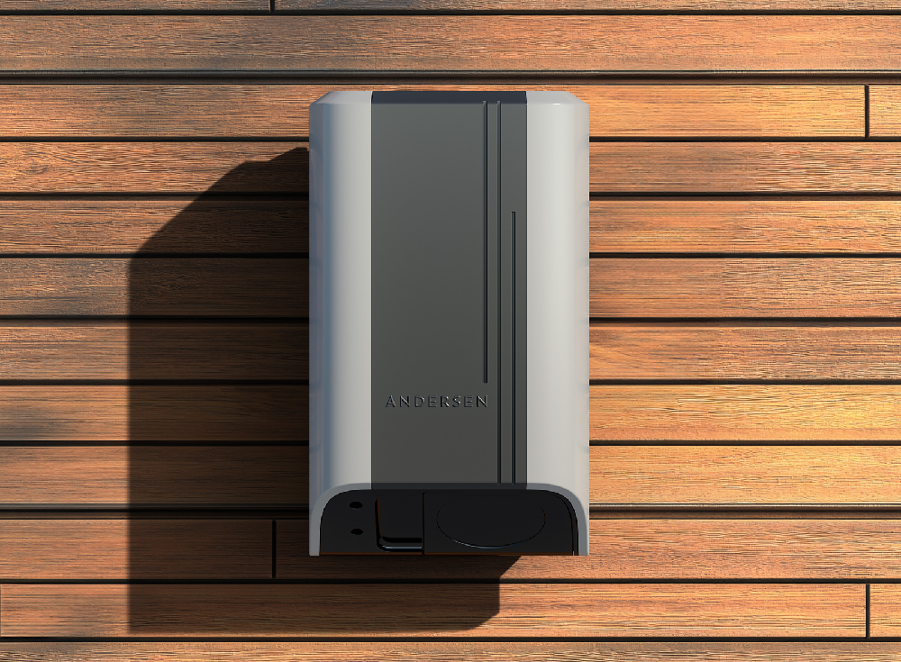 Andersen Quartz EV charger mounted on exterior wall with modern home background